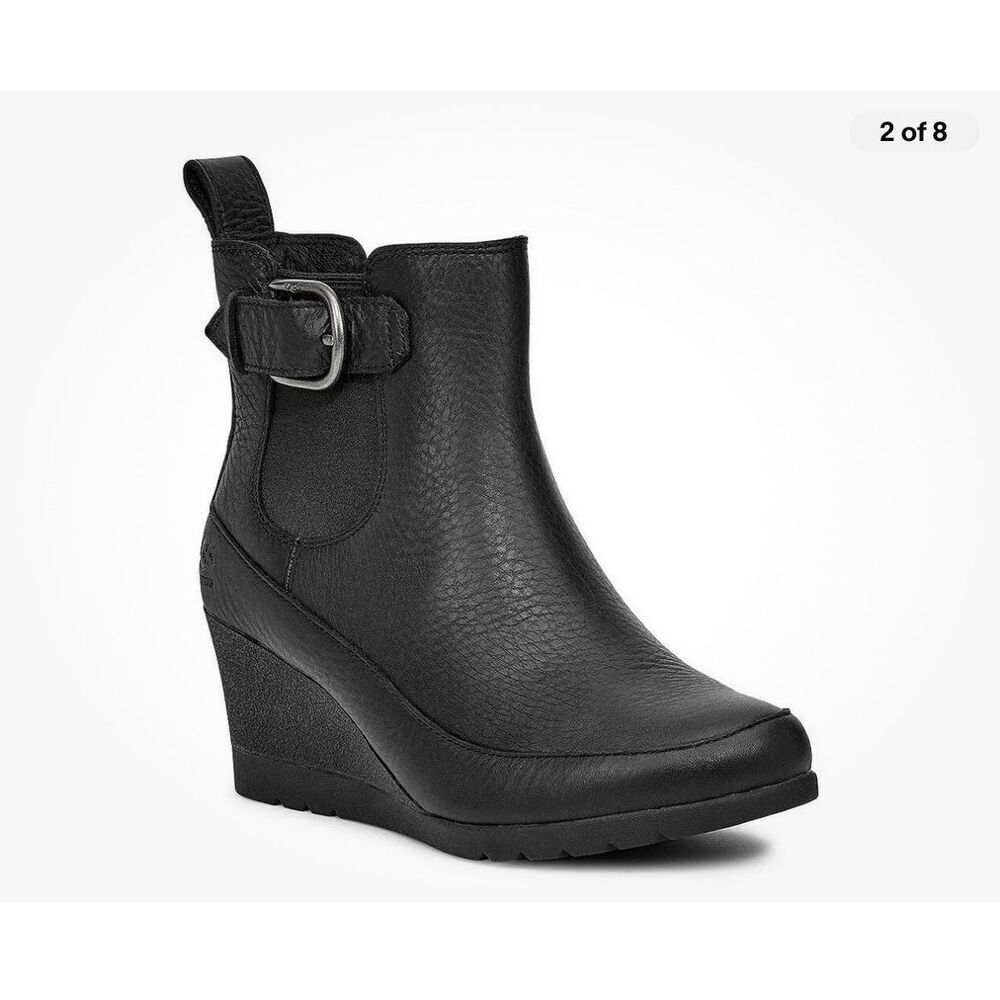 UGG Arleta Black Leather Wedge Boot Booties $180 8.5